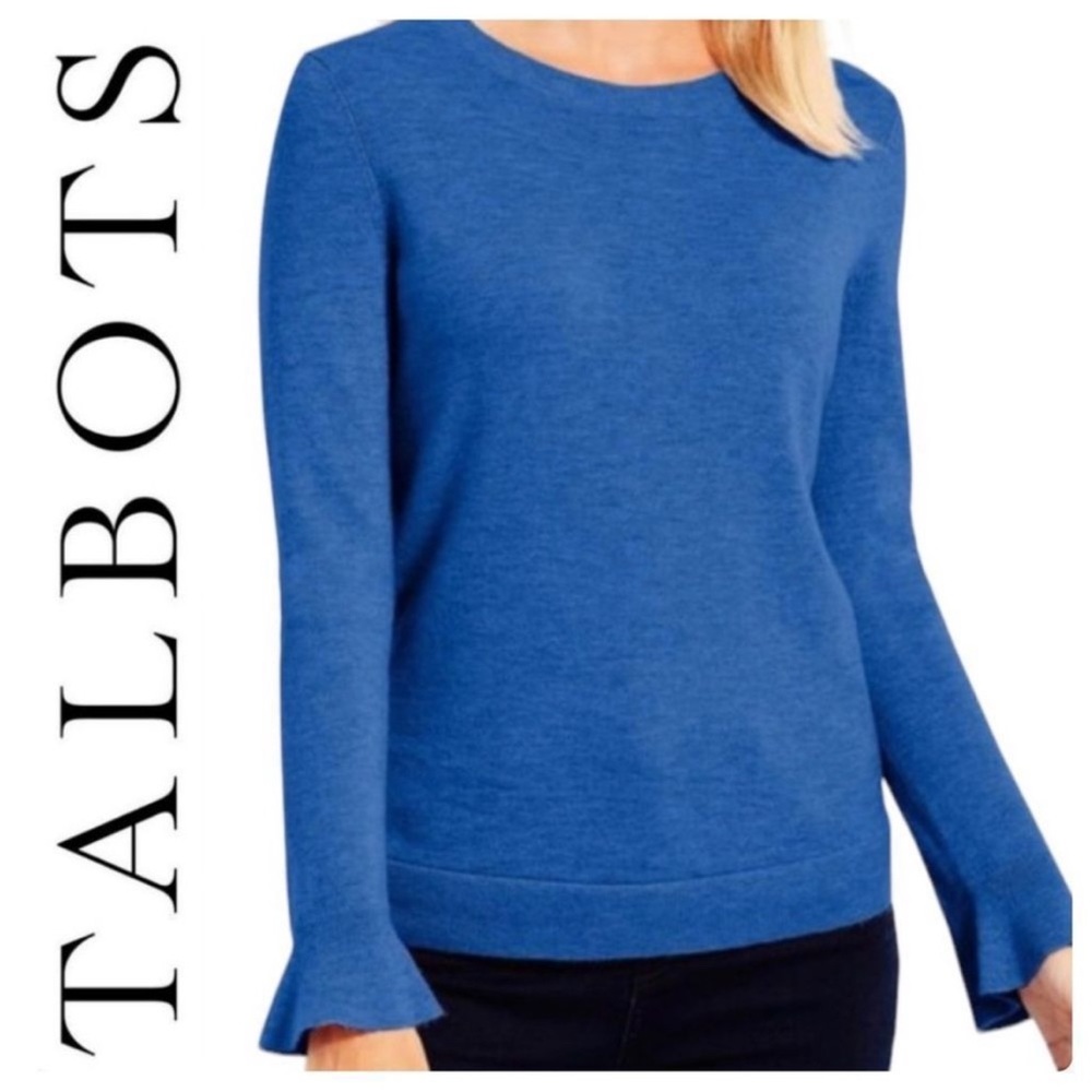 Talbots Royal Blue Lambswool Blend Sweater with flutter long sleeves Size Small